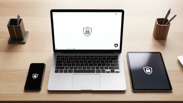 Laptop, tablet, phone and office supplies on a wooden desk surface