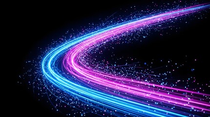 Fototapeta premium Vibrant abstract light trails in neon blue and magenta swirl dynamically across a dark background, symbolizing speed