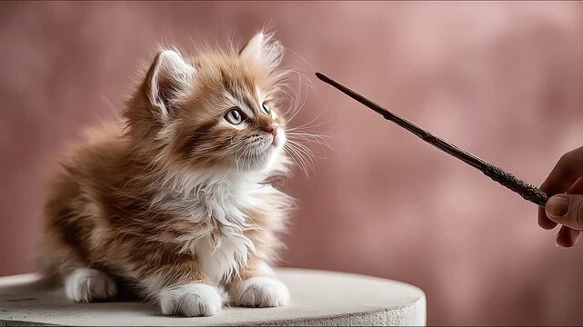 A fluffy kitten gazes intently at a wand, capturing a whimsical and curious moment, perfect for playful advertising or heartwarming social media conte