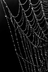 Close-up photography of dew-laden spider silk, highlighting fine textures and reflections