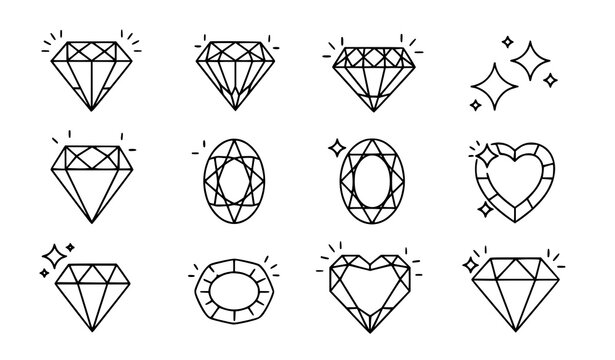 Diamond line icon set with brilliant gemstone outline symbols vector