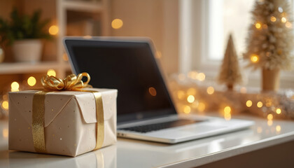 Obraz premium Gift box with gold ribbon sits near laptop on desk with festive holiday lights and mini trees. Christmas preparation at home suggests warm cozy atmosphere.
