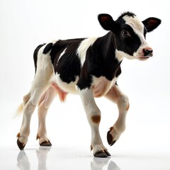 Obraz premium Young holstein calf walks on clean white studio background. Cute black and white baby cow stands full body. Animal is isolated, ready for use.