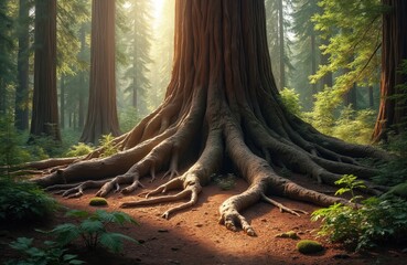 Fototapeta premium Massive redwood tree base with exposed, winding roots on forest floor. Sunlight streams through green foliage, illuminating rich brown earth and mossy ground cover.