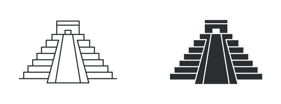 Mayan pyramid icon set, ancient Mesoamerican temple pyramid symbol, outline and solid silhouette style. Vector illustration