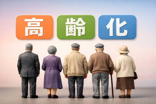 高齢化社会のイメージとして並んで後ろ姿を見せるシニアの男女と漢字のタイトルの写真