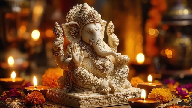 A serene Ganesha statue sits amidst flickering candles and flower petals, evoking feelings of peace and spirituality, perfect for spiritual content or