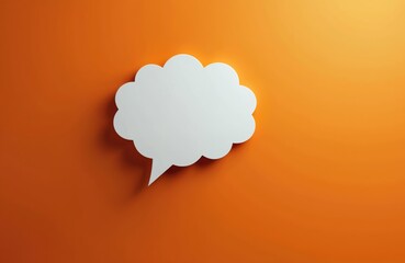 Fototapeta premium White speech bubble shape on bright orange background. Empty space for text, dialogue symbol. Communication, message, idea, thinking concept.