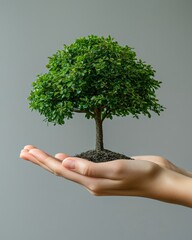 In this beautiful image, hands gently cradle a vibrant shrub-like tree, representing the connection between humanity and nature, and the importance of nurturing our environment.