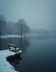 Fototapeta premium Wooden bench sits on snow covered pier by calm lake water. Bare trees line distant misty shore. Serene winter landscape offers peaceful contemplation for nature lovers.