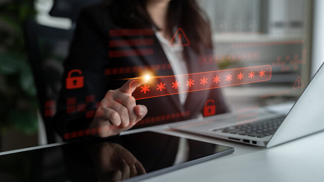 Password security breach warning with red asterisk box, cybersecurity alert, lock icons, and critical vulnerability signals in digital system access Latch