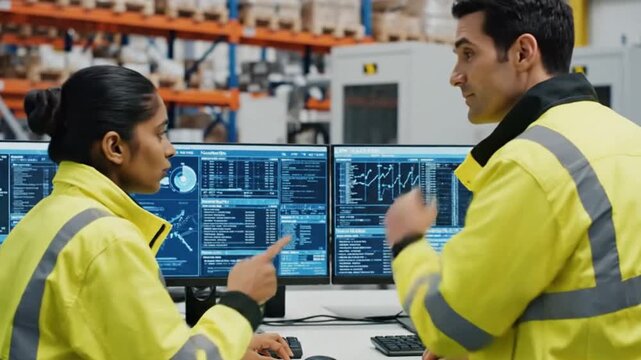 Two workers in yellow jackets looking at computer screens with data and graphs in a warehouse setting with orange shelves