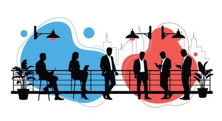 Set of business people vector silhouettes on urban balcony