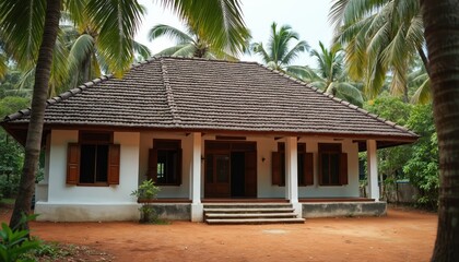 Fototapeta premium White house with tiled roof, wooden porch sits amidst rich green palm trees. Red earth yard surrounds tropical dwelling, offering peaceful home vibes in daylight. Simple architecture invites