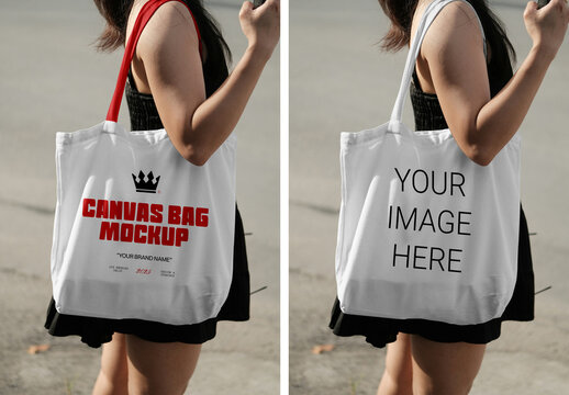 Woman Wearing Canvas Bag Mockup