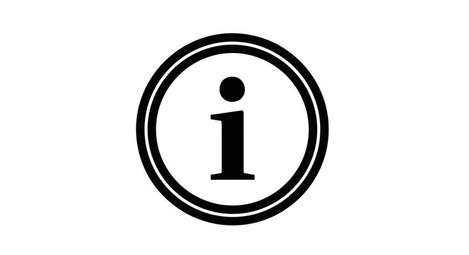 Black and white information icon in a circle, representing help, guidance, support, and essential data. Modern symbol or button graphic.