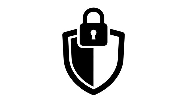 Black shield with padlock icon representing security, data protection, privacy, and cyber defense symbol for digital safety.