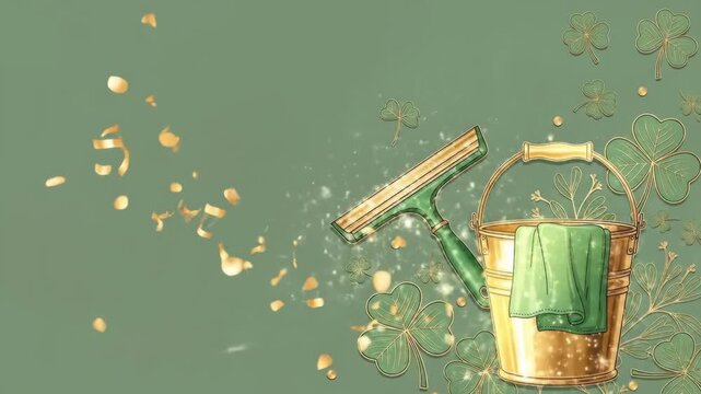 Golden cleaning bucket with green rag and squeegee for St. Patricks Day celebration. Festive cleaning service concept.