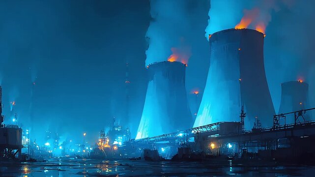 A dramatic nighttime view of a nuclear power plant, emitting steam and bathed in cool blue light. Conveys industry, progress, and potential environmen