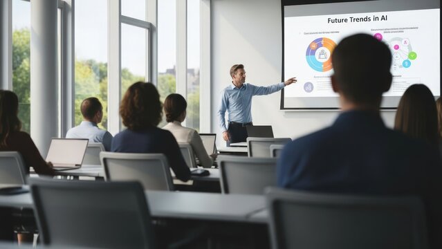 A man presents "Future Trends in AI" to an audience in a bright modern classroom