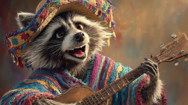 A charming raccoon dressed as a mariachi musician with a guitar, evoking feelings of joy and creativity. Great for quirky marketing or social media co
