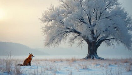 Fototapeta premium Red fox sits alone in snow near frosted tree. Winter landscape with soft light and hazy hills in background. Wild animal rests in cold nature, waiting patiently. Calm scene.
