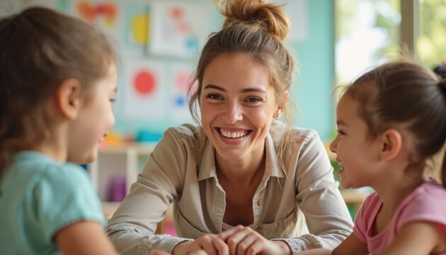 Smiling woman teacher with two kids in classroom. Happy female educator interacts with young students at preschool. Girls learn together, bond through playful activity and teaching.