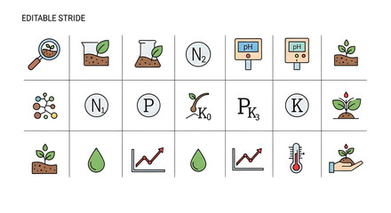 A set of editable vector icons illustrating various soil and plant growth concepts, including pH levels, nutrient analysis, and plant development.