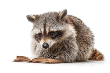 Fototapeta premium Raccoon reading an old book on a white background. Space for text.