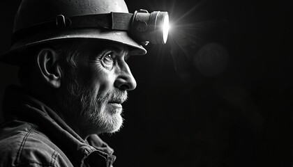 Fototapeta premium Elderly miner profile in black and white. He wears helmet with headlamp, showing weathered face. Experienced man works in dark coal mine. Rugged career, heavy labor.