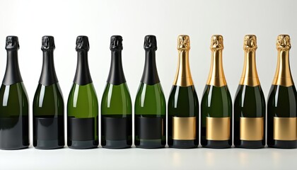 Several green bottles of sparkling wine stand in row on white background. Some bottles have black caps and labels, others have gold foil caps and labels, indicating premium product for celebration.