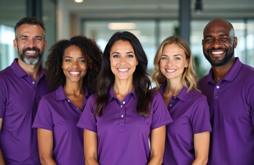 Fototapeta premium Diverse group of smiling professionals wearing matching purple polo shirts stand together indoors. People look friendly, representing teamwork, company staff. Show unity, collaborative spirit in