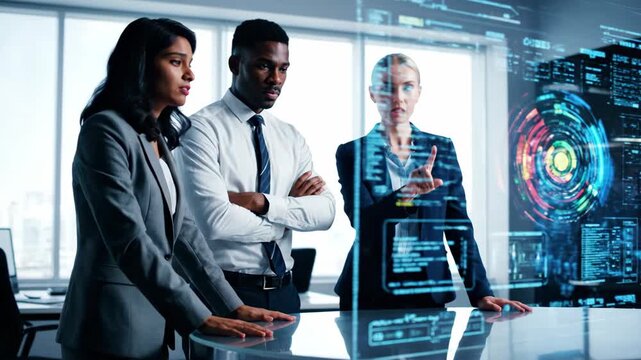 Teamwork in office looking at data on transparent monitor screen