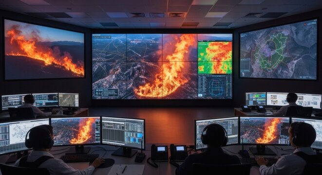 Emergency response team monitoring wildfire on multiple screens in control room with drones