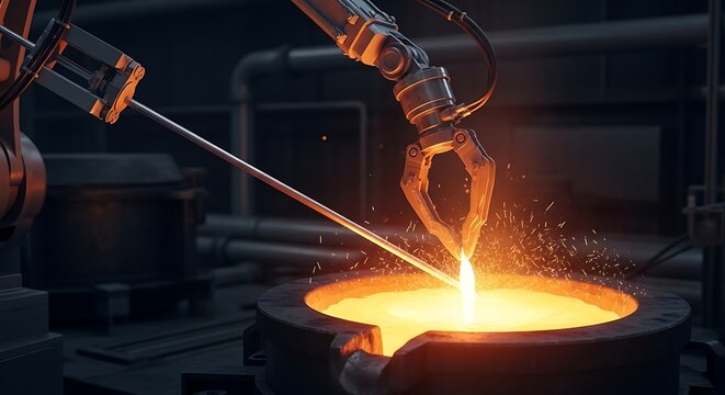 Bra&ccedil;o rob&oacute;tico despejando metal fundido em fundi&ccedil;&atilde;o industrial