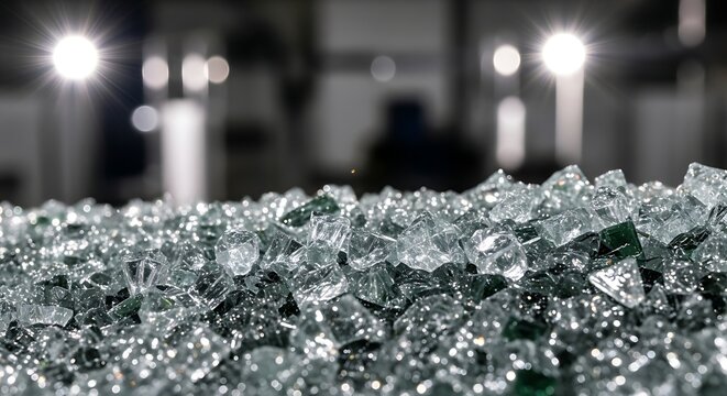 Fragmentos de vidro quebrado com luzes brilhantes ao fundo.