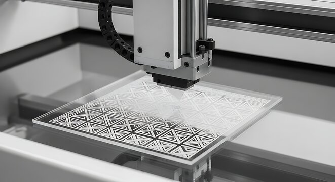 M&aacute;quina de grava&ccedil;&atilde;o a laser criando padr&otilde;es complexos em placas de vidro.
