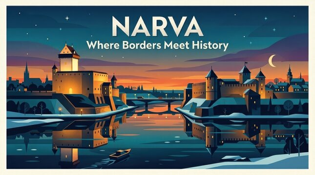 Modern travel poster illustration of Narva featuring Narva Castle and Ivangorod fortress facing each other across the Narva River, bold stylish lettering &ldquo;Narva &mdash; Where Borders Meet History&rdquo;