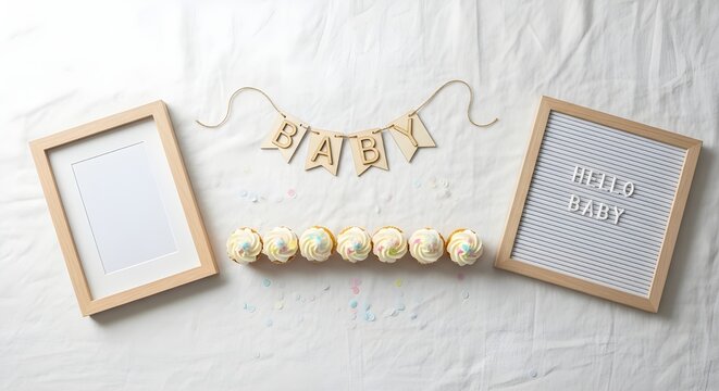 Baby announcement flat lay with frame, banner, and decorations