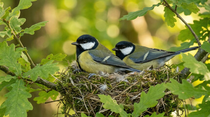 Closeup shot of two great tits caring for their nest in a tree during springtime in a forested area