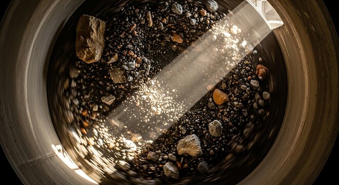 Mistura industrial de cascalho em tambor met&aacute;lico com efeito de desfoque de movimento.