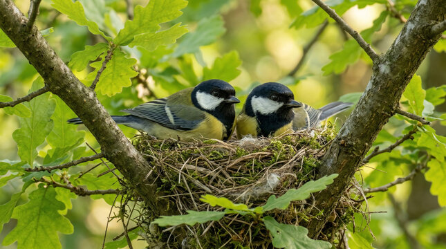Closeup shot shows two great tits sitting in their nest on a tree branch in a forest during springtime
