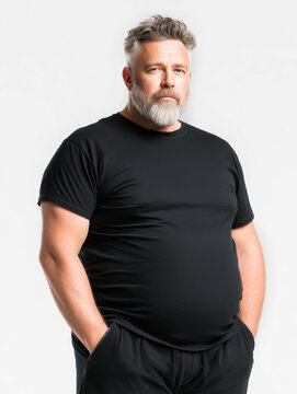Confident middle aged man with gray beard and hair wearing black t-shirt standing against white background. Portrait of a mature male with athletic plus size build looking at camera