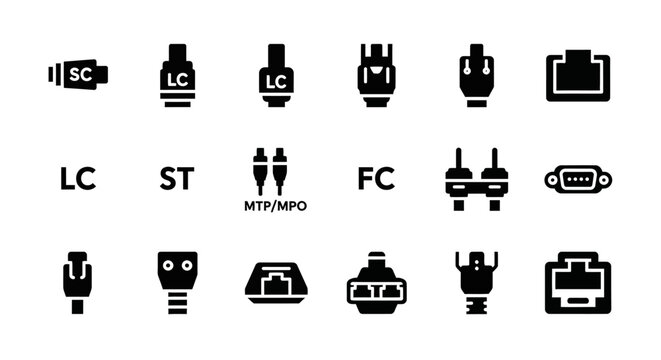 Collection of various fiber optic connectors and adapters displayed together