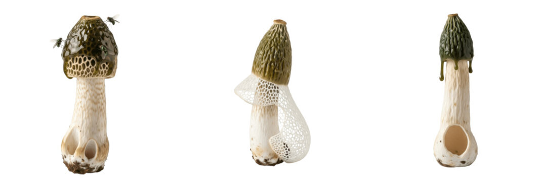 Phallus impudicus stinkhorn mushroom isolated on white background tall fungus with slimy green gleba cap, Phallus impudicus common stinkhorn woodland fungus species macro mycology identification speci