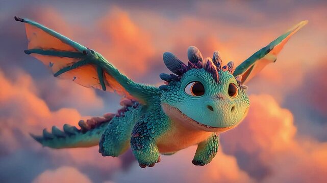 A charming illustration of a sleeping baby dragon floating peacefully amongst vibrant, colorful clouds. Perfect for children's content or conveying tr
