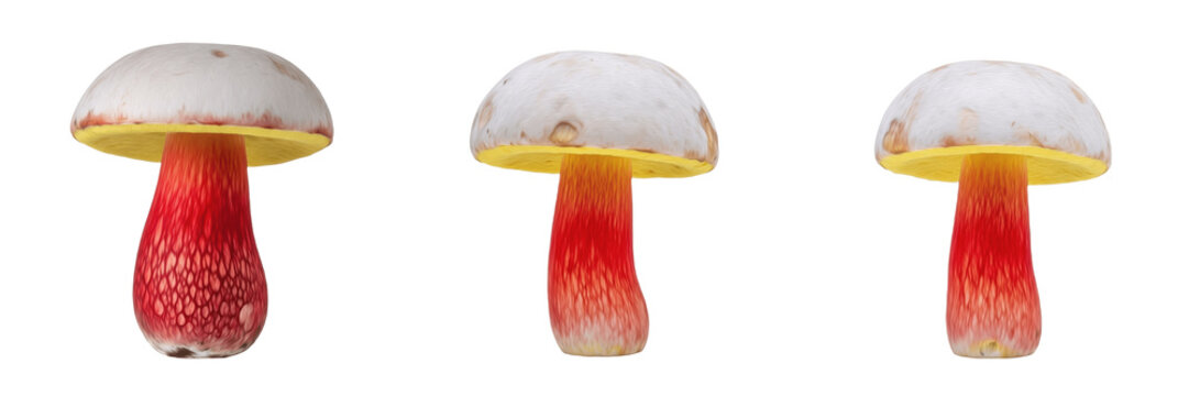 Boletus satanas Satan&rsquo;s Bolete Mushroom Isolated on White Background Pale Cap Red Stem, Boletus satanas Toxic Forest Bolete Fungus Species Macro Mycology Specimen Identification