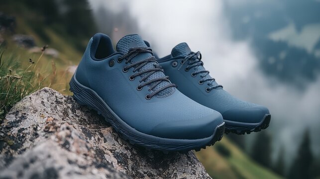 A pair of sleek blue trail running shoes resting on a rocky surface, perfectly symbolizing the blend of style and performance for avid runners and outdoor enthusiasts.