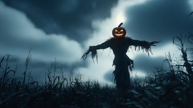 A menacing scarecrow stands vigil under a full moon, creating a chilling atmosphere perfect for Halloween promotions or spooky themed content.