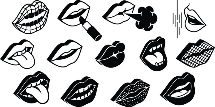 Tattoo flash bold lips icon sheet showing varied mouth expressions kissing licking smoking speaking with lipstick and open tongue smile